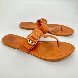 Tory Burch Marsden Tan Brown Calf Leather Logo Buckle Gold Flat Thong Sandals
